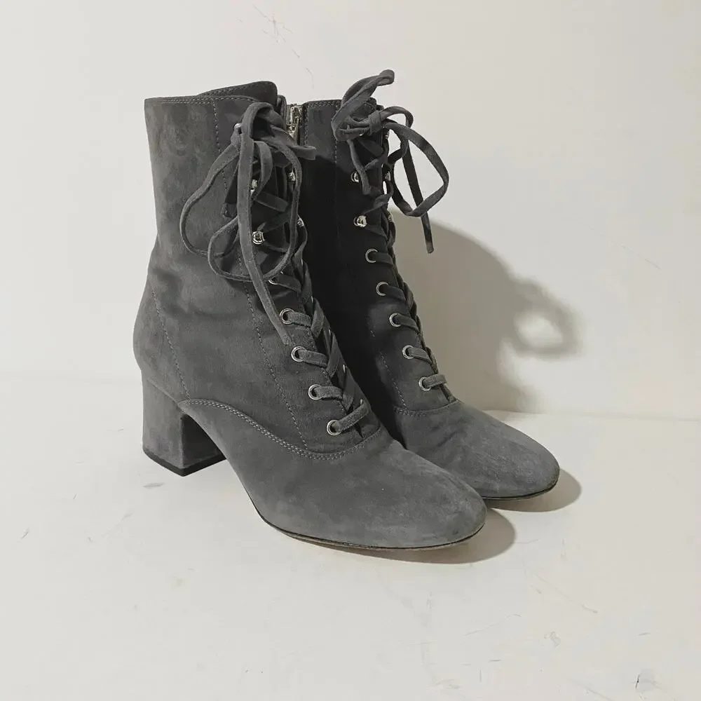 Gianvito Rossi Gray Suede Lace Up Boots Mackay Low Block Heel Ankle Zip sz 38